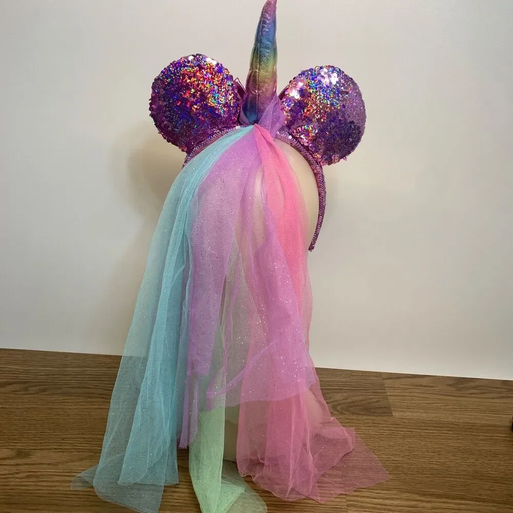 Disney Parks Purple Rainbow Metallic Sequin Unicorn Mini Mouse‎ Ears Headband